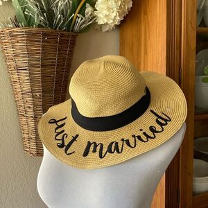 C.C Floppy Paper Straw Wide Brim Hat Embroidered Just Married OS